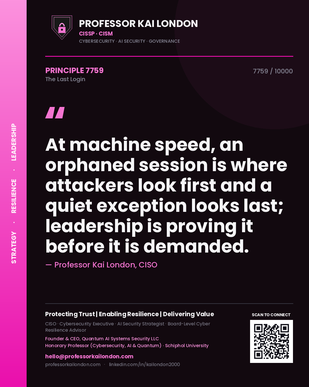 Quote card by Professor Kai London reading 'At machine speed, an orphaned session is where attackers look first and a quiet exception looks last; leadership is proving it before it is demanded.'. From the book The Last Login.