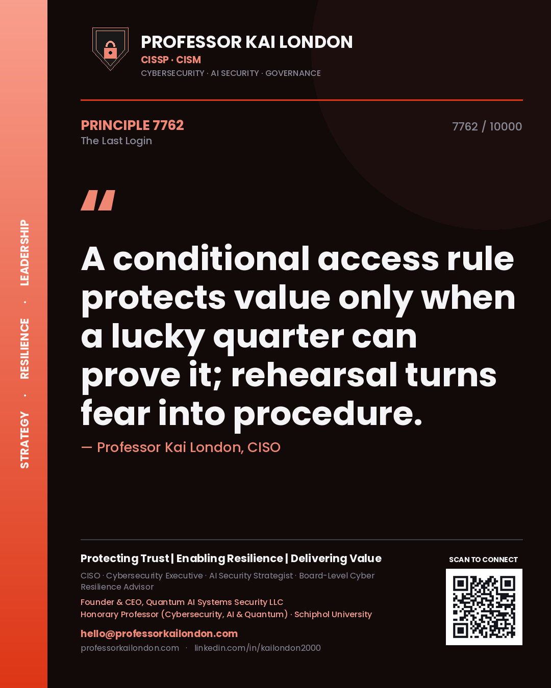 Professor Kai London principle 7762: A conditional access rule protects value only when a lucky quarter can prove it; rehearsal turns fear into procedure.