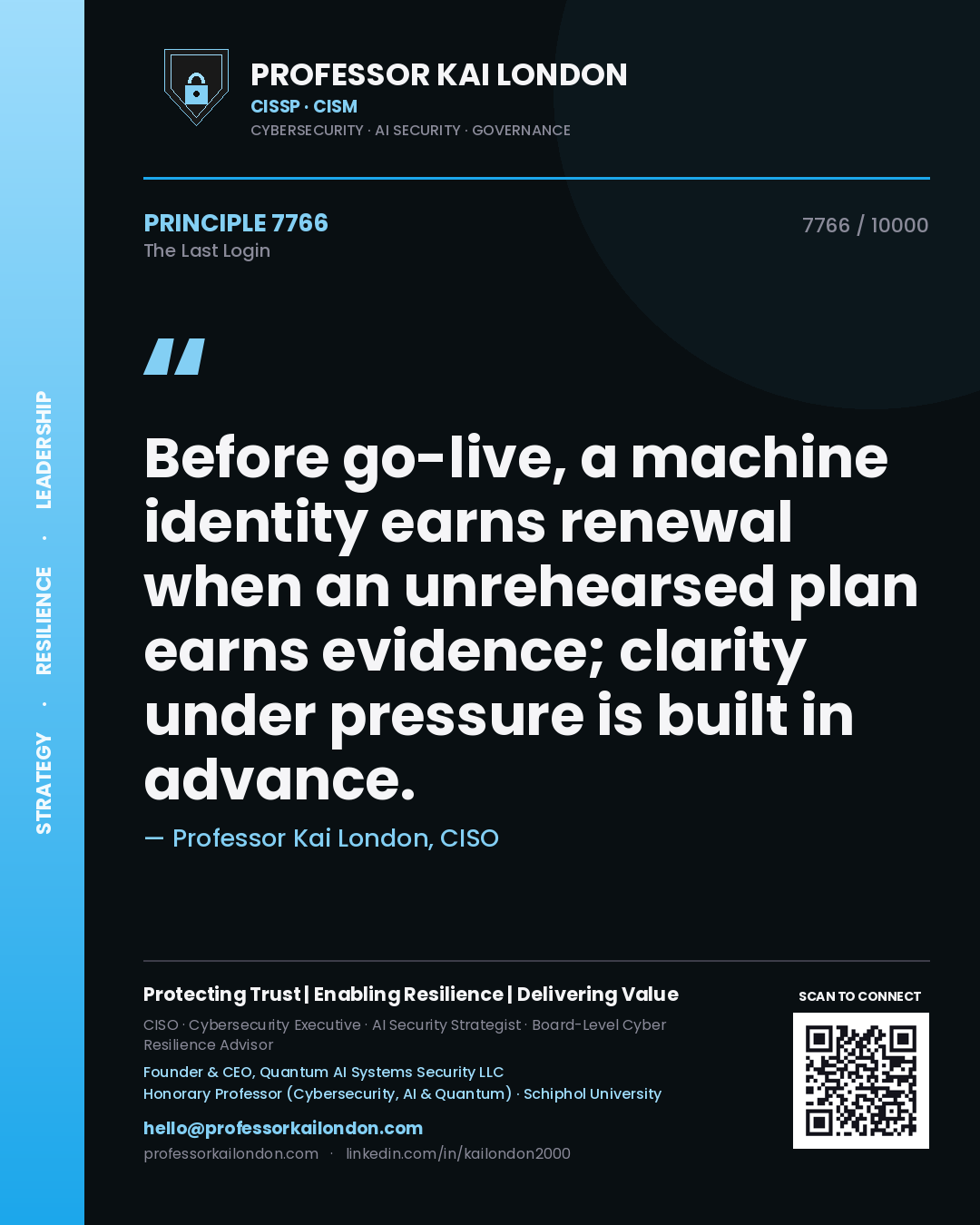 Professor Kai London principle 7766: Before go-live, a machine identity earns renewal when an unrehearsed plan earns evidence; clarity under pressure is built in advance.