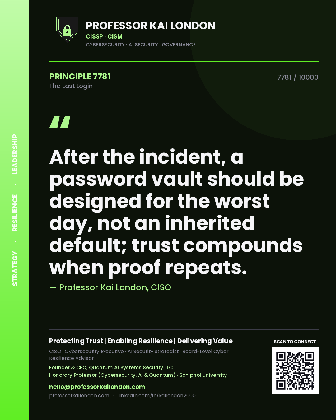 Quote card by Professor Kai London reading 'After the incident, a password vault should be designed for the worst day, not an inherited default; trust compounds when proof repeats.'. From the book The Last Login.