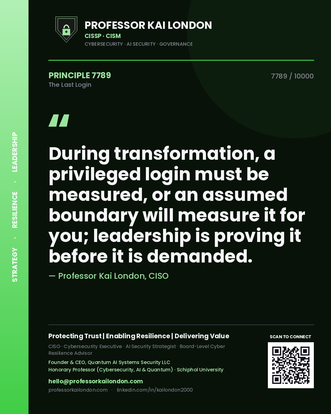 Professor Kai London principle 7789: During transformation, a privileged login must be measured, or an assumed boundary will measure it for you; leadership is proving it before it is demanded.