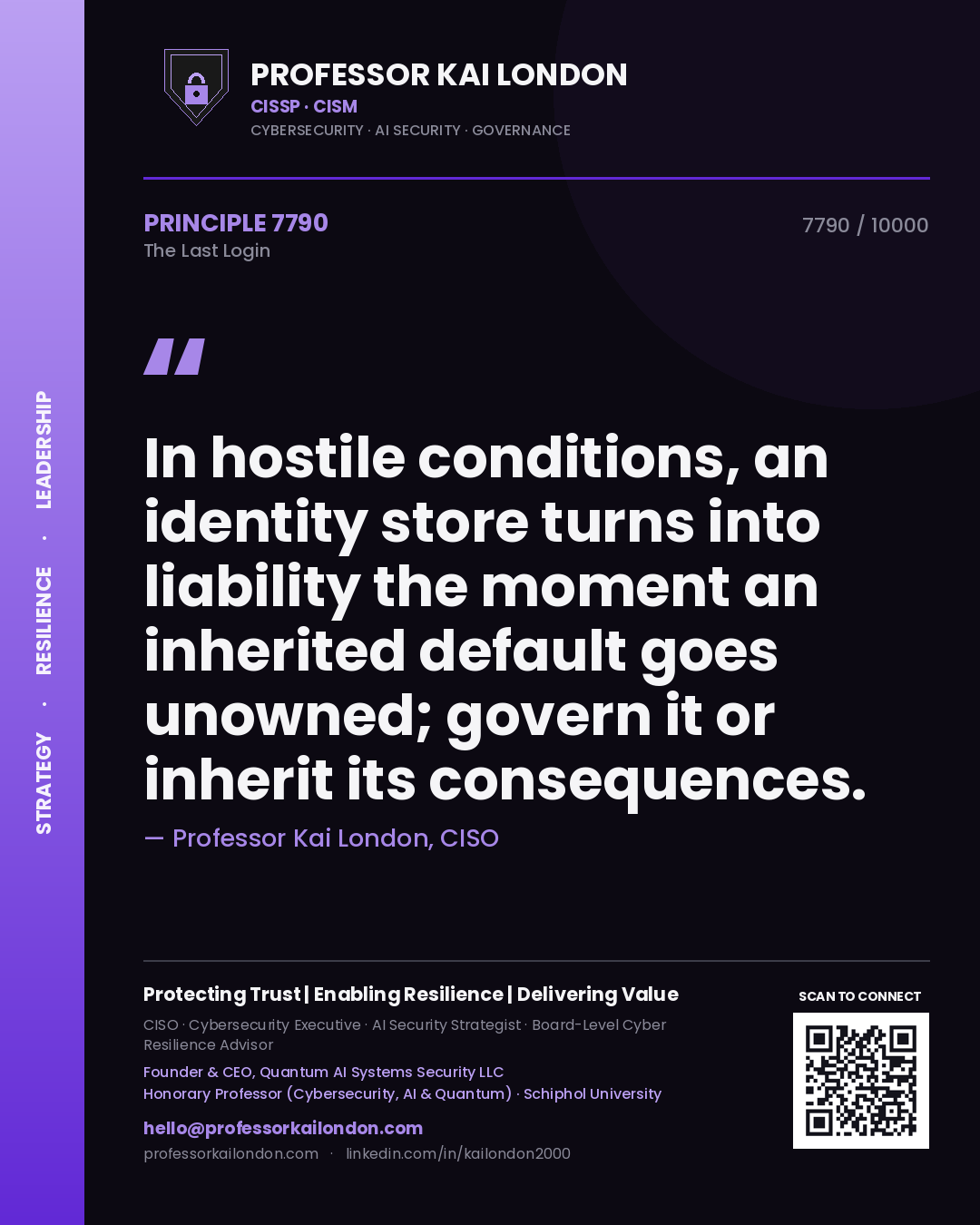 Professor Kai London principle 7790: In hostile conditions, an identity store turns into liability the moment an inherited default goes unowned; govern it or inherit its consequences.