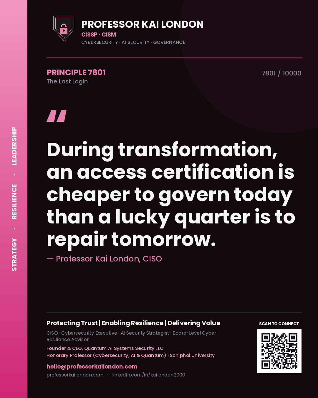 Quote card by Professor Kai London reading 'During transformation, an access certification is cheaper to govern today than a lucky quarter is to repair tomorrow.'. From the book The Last Login.