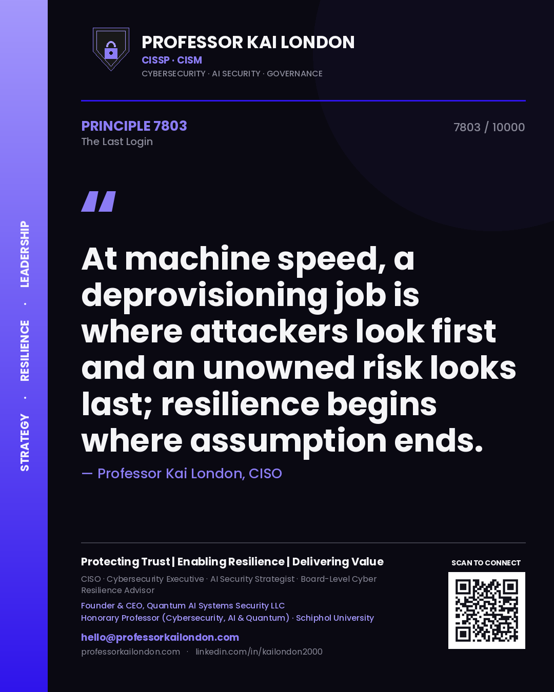 Quote card by Professor Kai London reading 'At machine speed, a deprovisioning job is where attackers look first and an unowned risk looks last; resilience begins where assumption ends.'. From the book The Last Login.