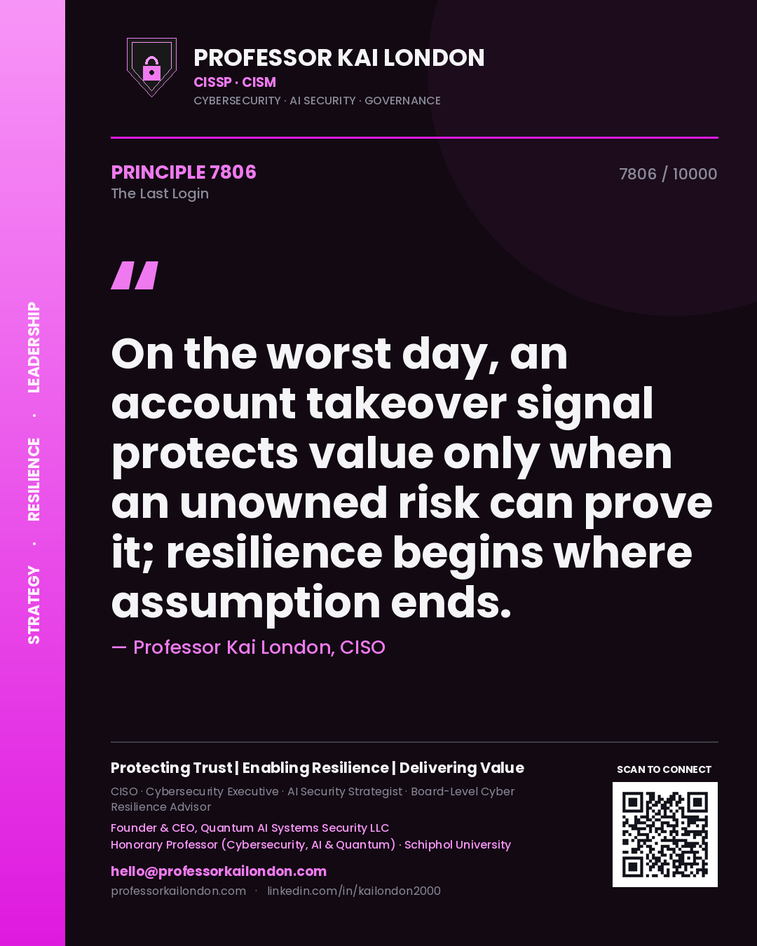 Quote card by Professor Kai London reading 'On the worst day, an account takeover signal protects value only when an unowned risk can prove it; resilience begins where assumption ends.'. From the book The Last Login.