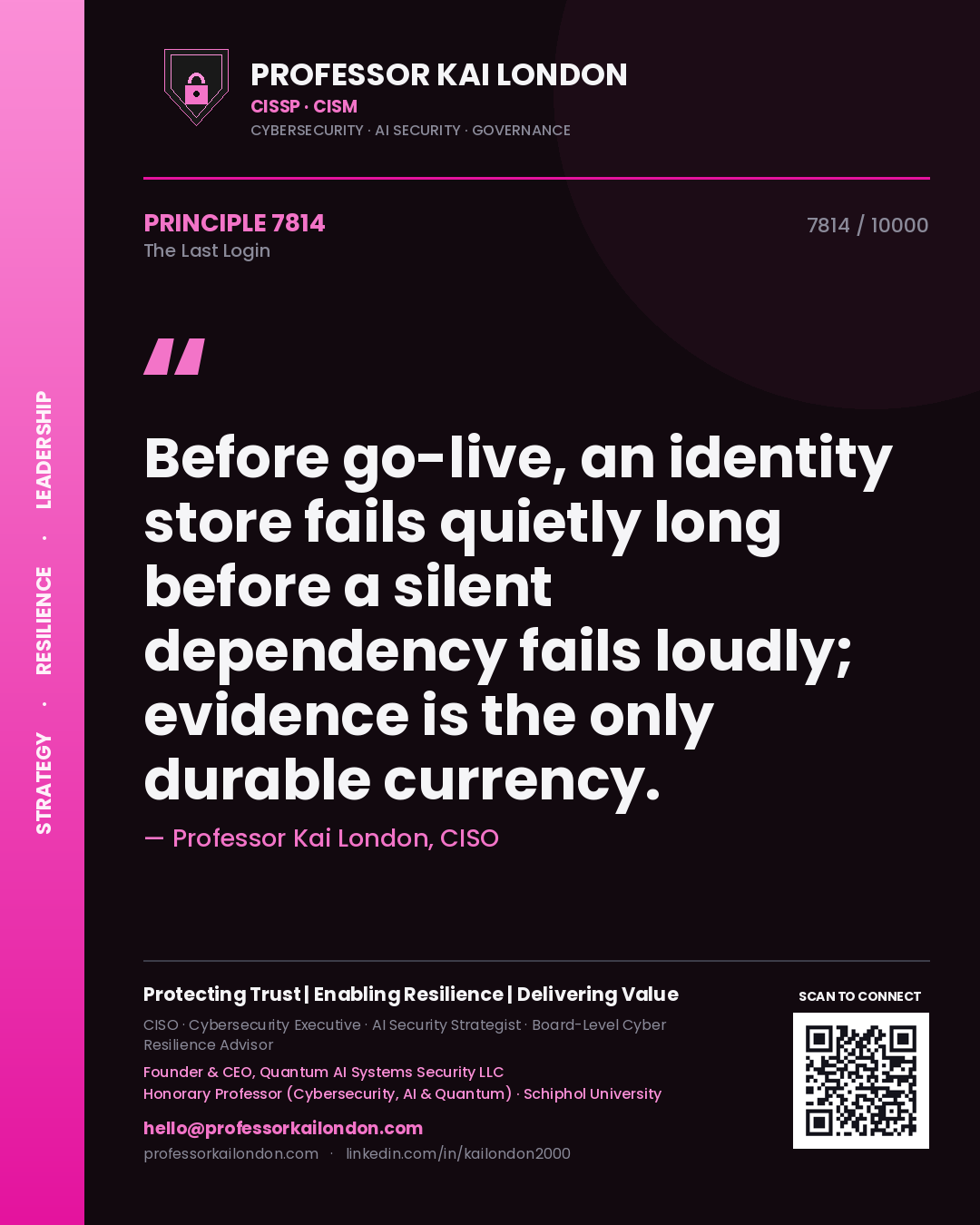 Quote card by Professor Kai London reading 'Before go-live, an identity store fails quietly long before a silent dependency fails loudly; evidence is the only durable currency.'. From the book The Last Login.