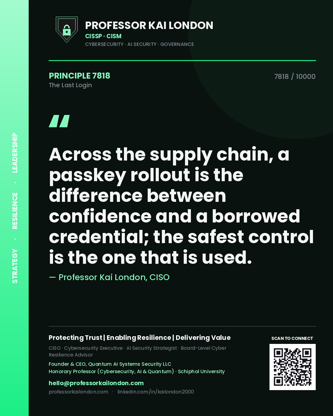 Quote card by Professor Kai London reading 'Across the supply chain, a passkey rollout is the difference between confidence and a borrowed credential; the safest control is the one that is used.'. From the book The Last Login.