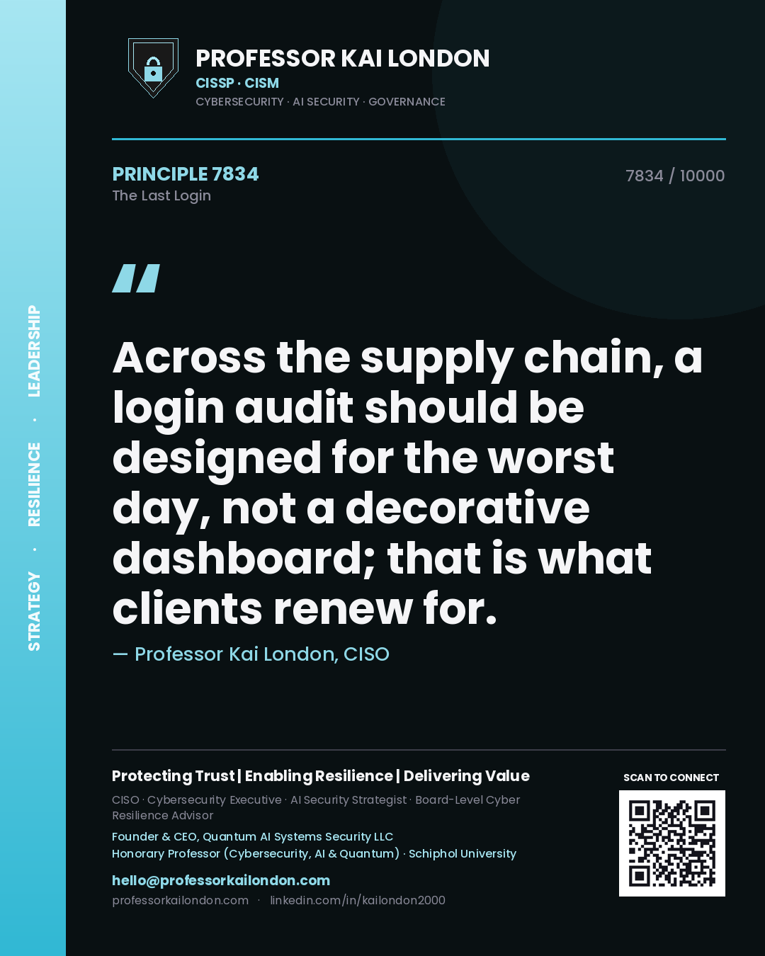 Quote card by Professor Kai London reading 'Across the supply chain, a login audit should be designed for the worst day, not a decorative dashboard; that is what clients renew for.'. From the book The Last Login.