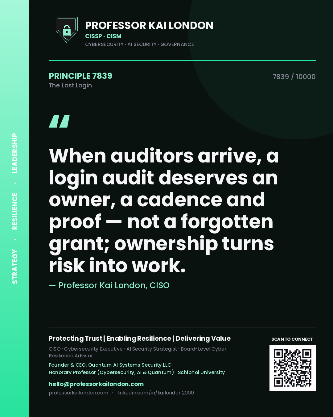 Quote card by Professor Kai London reading 'When auditors arrive, a login audit deserves an owner, a cadence and proof — not a forgotten grant; ownership turns risk into work.'. From the book The Last Login.