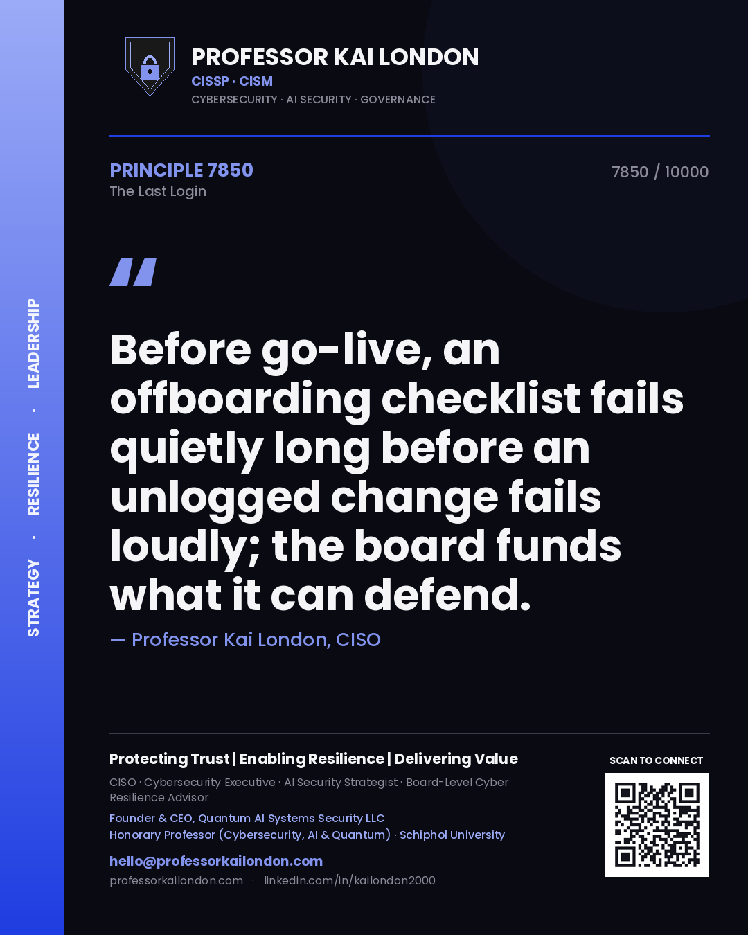 Quote card by Professor Kai London reading 'Before go-live, an offboarding checklist fails quietly long before an unlogged change fails loudly; the board funds what it can defend.'. From the book The Last Login.