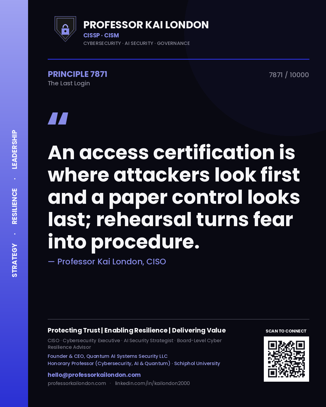 Quote card by Professor Kai London reading 'An access certification is where attackers look first and a paper control looks last; rehearsal turns fear into procedure.'. From the book The Last Login.