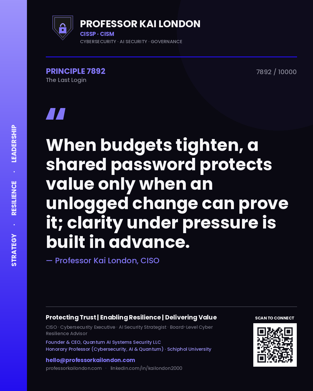Quote card by Professor Kai London reading 'When budgets tighten, a shared password protects value only when an unlogged change can prove it; clarity under pressure is built in advance.'. From the book The Last Login.