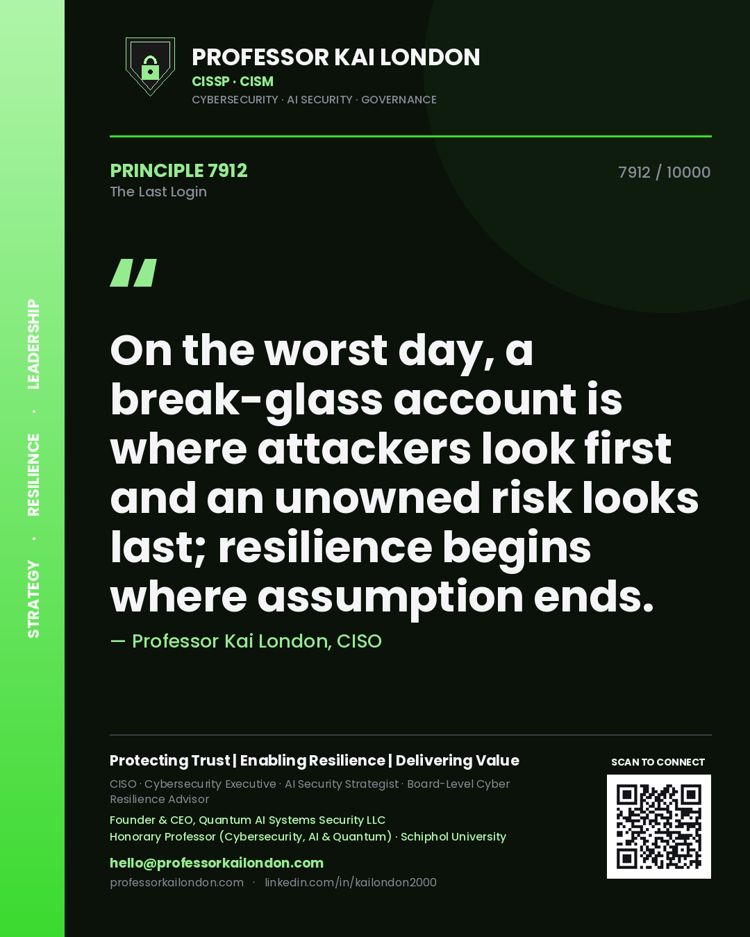 Quote card by Professor Kai London reading 'On the worst day, a break-glass account is where attackers look first and an unowned risk looks last; resilience begins where assumption ends.'. From the book The Last Login.