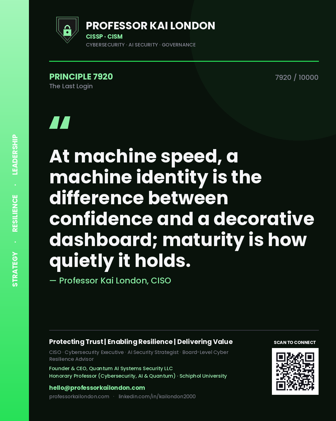 Quote card by Professor Kai London reading 'At machine speed, a machine identity is the difference between confidence and a decorative dashboard; maturity is how quietly it holds.'. From the book The Last Login.