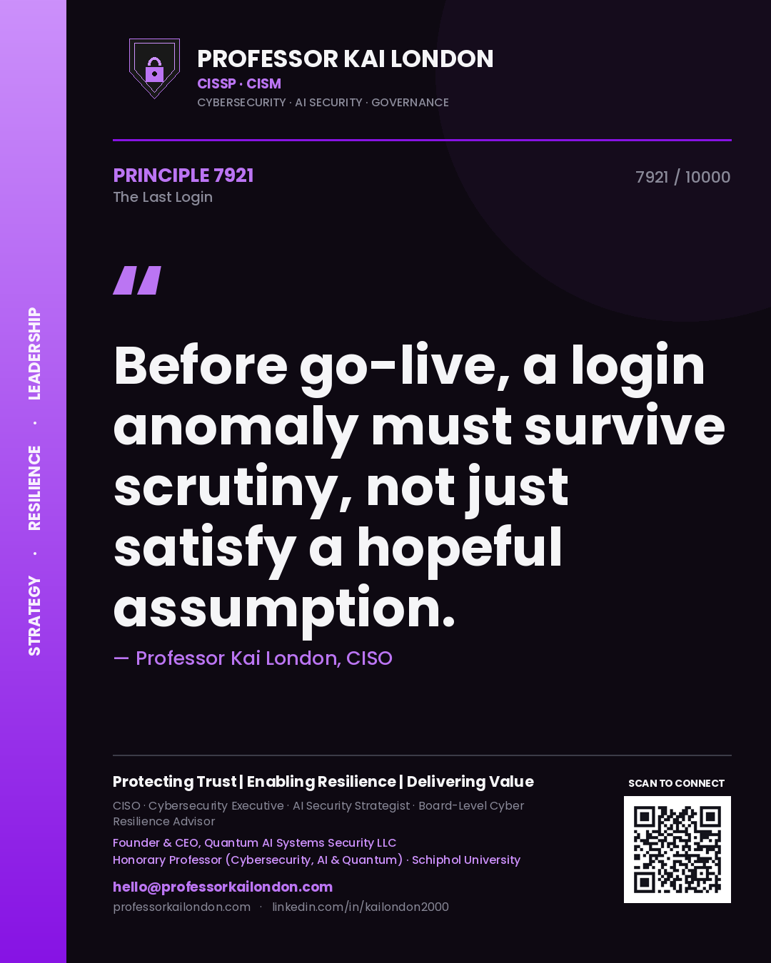 Quote card by Professor Kai London reading 'Before go-live, a login anomaly must survive scrutiny, not just satisfy a hopeful assumption.'. From the book The Last Login.