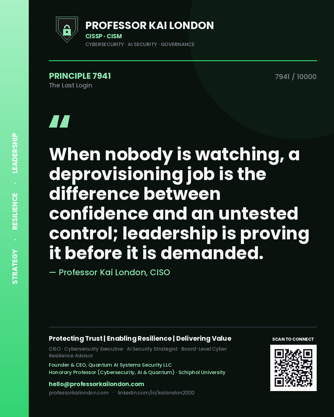 Quote card by Professor Kai London reading 'When nobody is watching, a deprovisioning job is the difference between confidence and an untested control; leadership is proving it before it is demanded.'. From the book The Last Login.