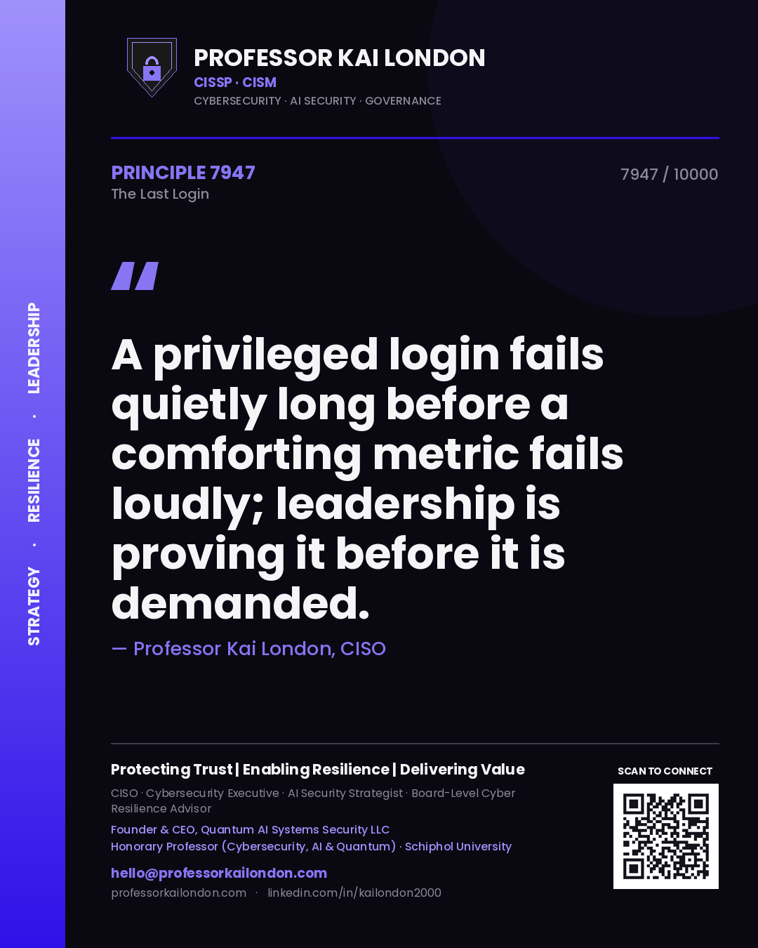 Quote card by Professor Kai London reading 'A privileged login fails quietly long before a comforting metric fails loudly; leadership is proving it before it is demanded.'. From the book The Last Login.