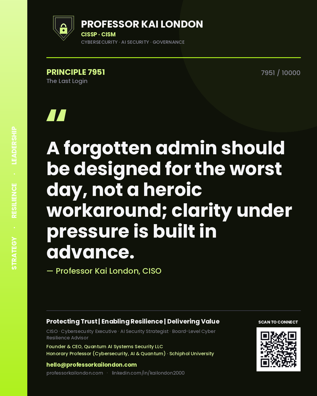 Quote card by Professor Kai London reading 'A forgotten admin should be designed for the worst day, not a heroic workaround; clarity under pressure is built in advance.'. From the book The Last Login.