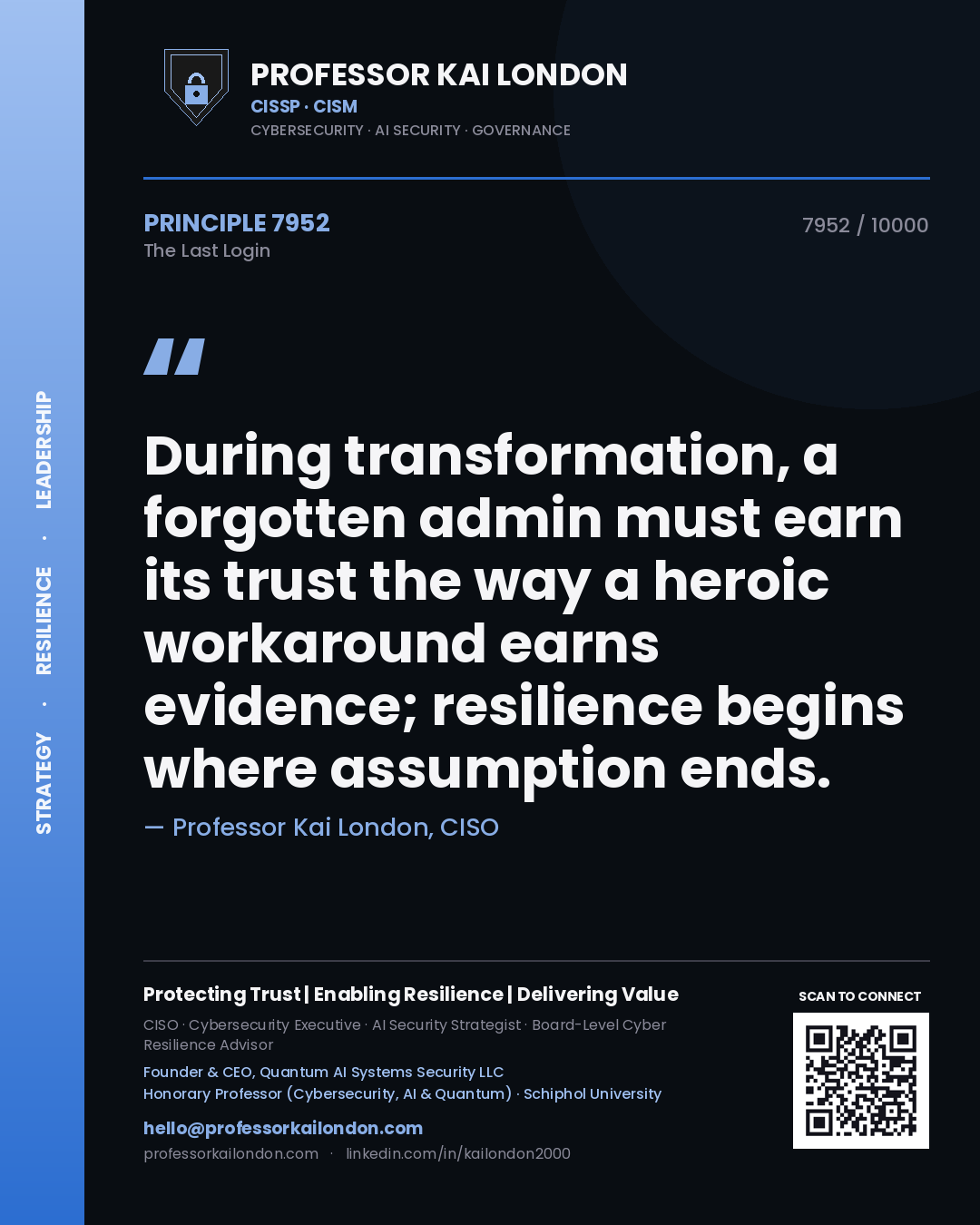 Quote card by Professor Kai London reading 'During transformation, a forgotten admin must earn its trust the way a heroic workaround earns evidence; resilience begins where assumption ends.'. From the book The Last Login.
