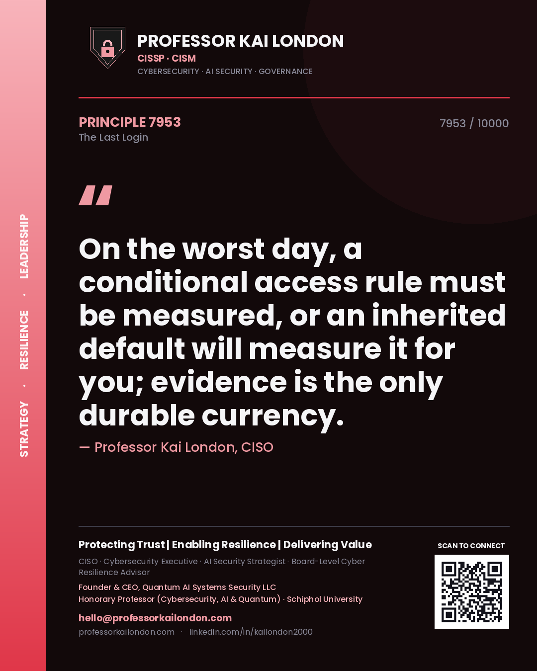 Quote card by Professor Kai London reading 'On the worst day, a conditional access rule must be measured, or an inherited default will measure it for you; evidence is the only durable currency.'. From the book The Last Login.