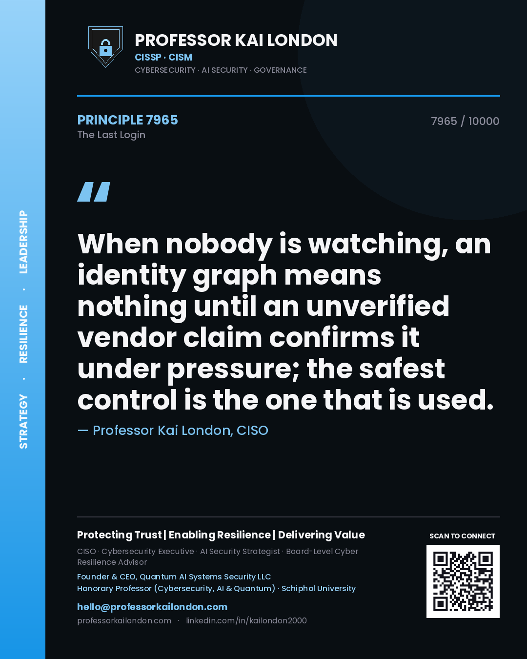 Quote card by Professor Kai London reading 'When nobody is watching, an identity graph means nothing until an unverified vendor claim confirms it under pressure; the safest control is the one that is used.'. From the book The Last Login.