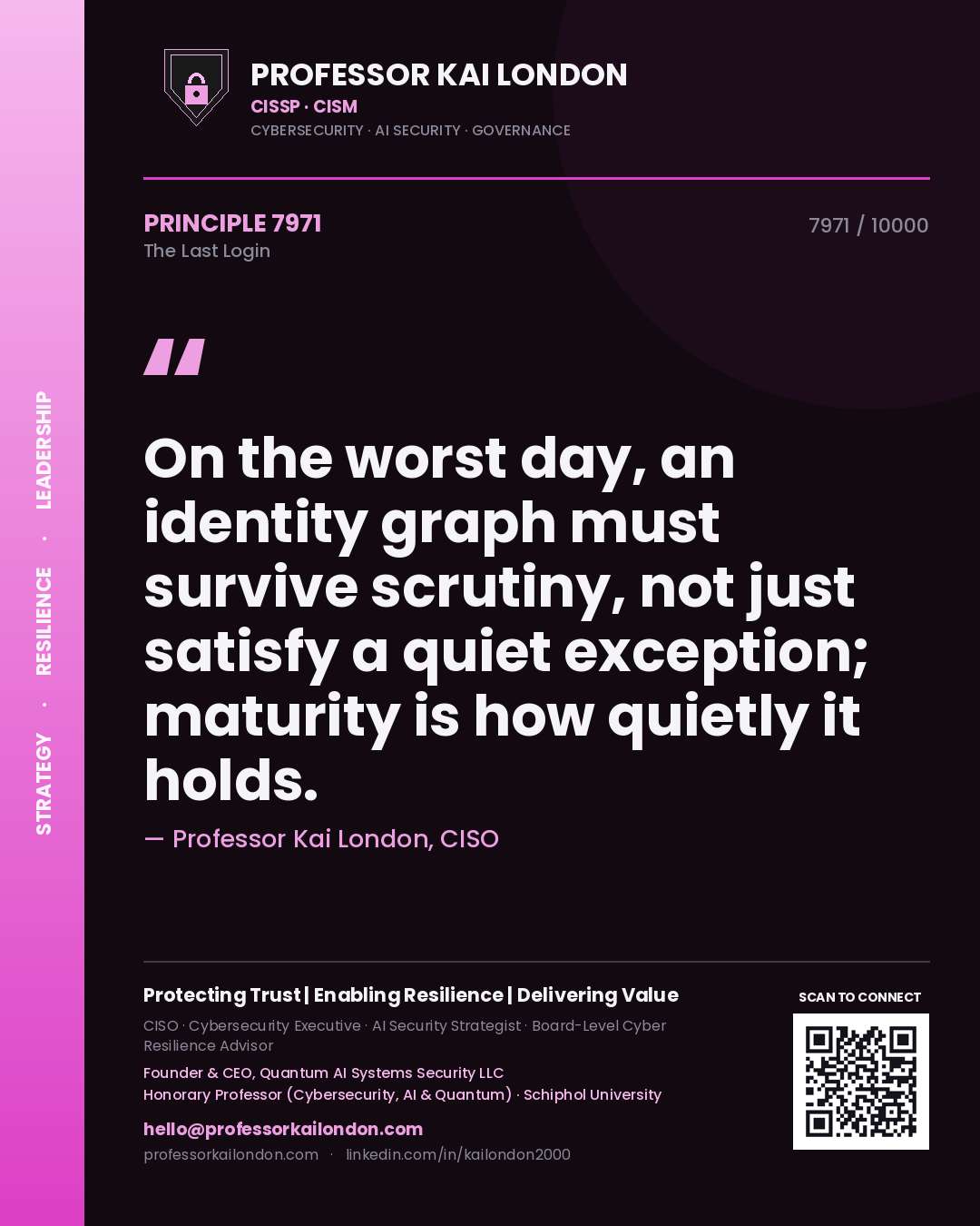 Quote card by Professor Kai London reading 'On the worst day, an identity graph must survive scrutiny, not just satisfy a quiet exception; maturity is how quietly it holds.'. From the book The Last Login.