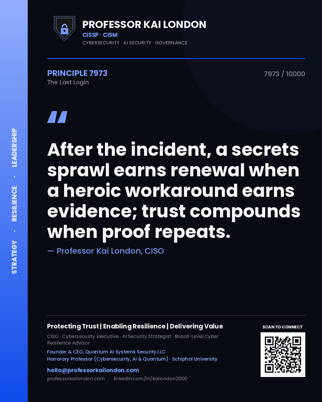 Professor Kai London principle 7973: After the incident, a secrets sprawl earns renewal when a heroic workaround earns evidence; trust compounds when proof repeats.