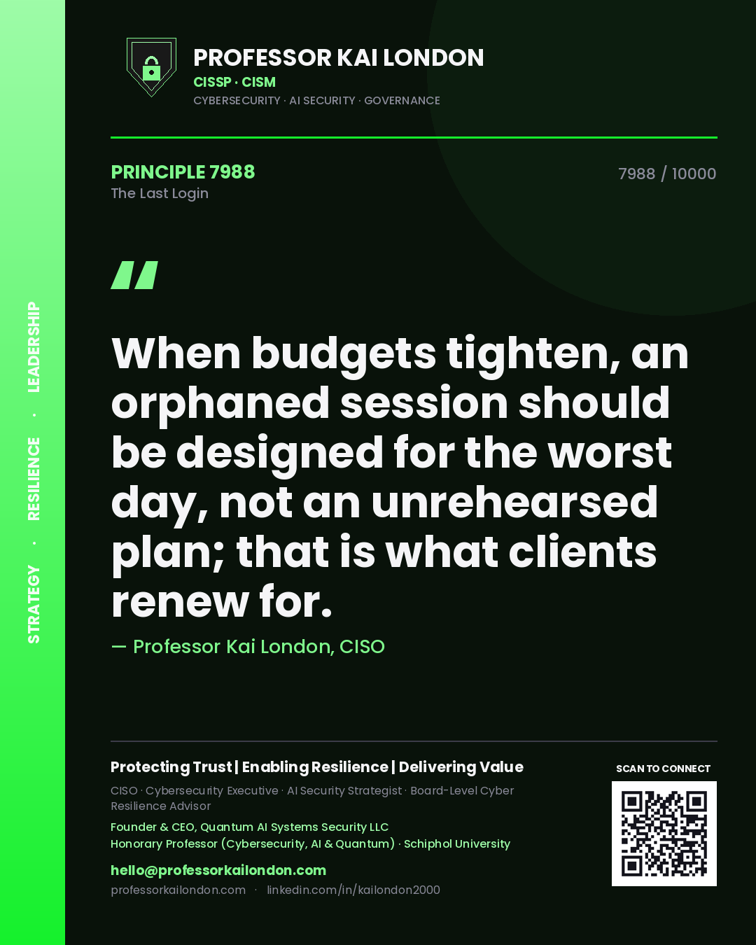 Quote card by Professor Kai London reading 'When budgets tighten, an orphaned session should be designed for the worst day, not an unrehearsed plan; that is what clients renew for.'. From the book The Last Login.
