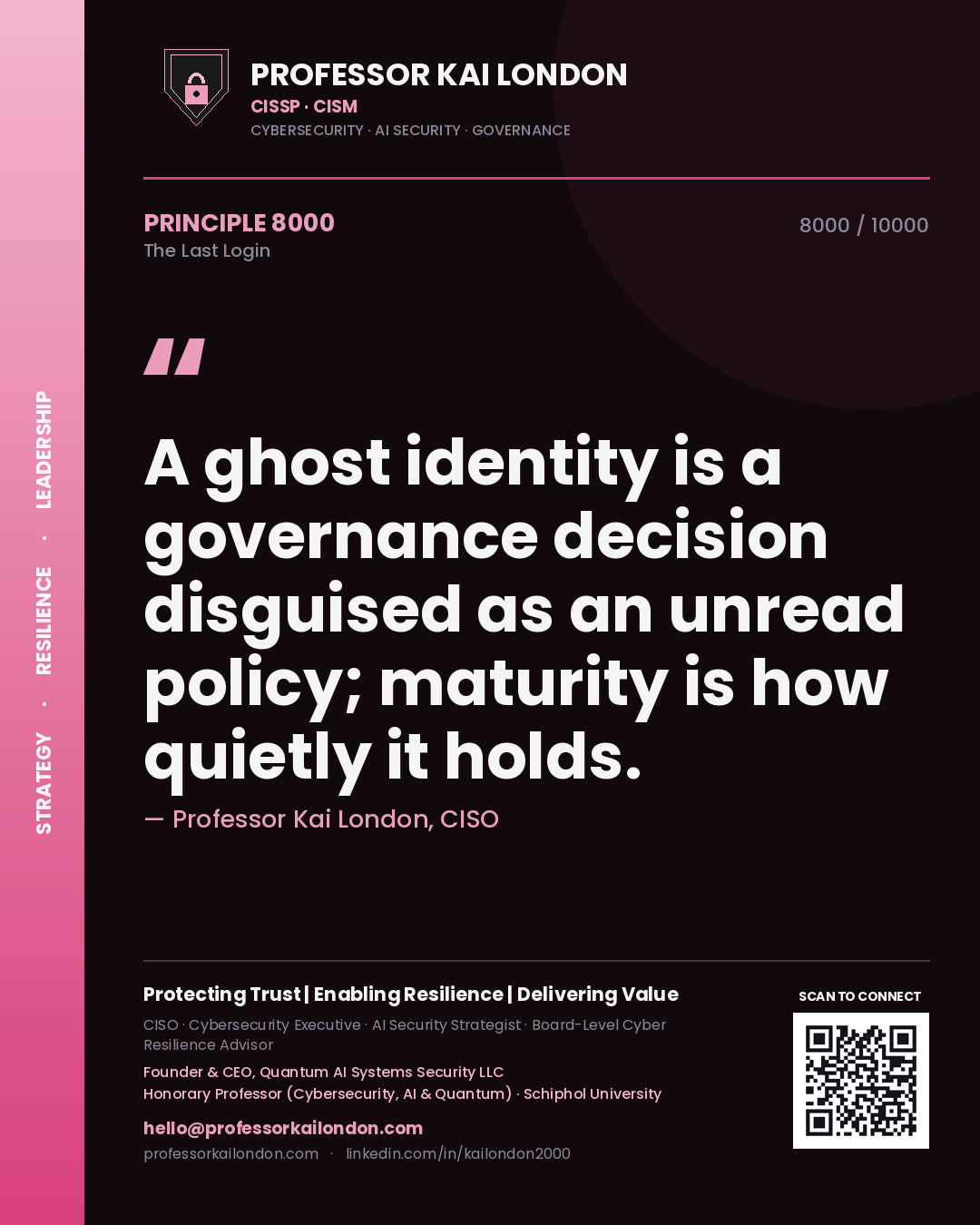 Quote card by Professor Kai London reading 'A ghost identity is a governance decision disguised as an unread policy; maturity is how quietly it holds.'. From the book The Last Login.