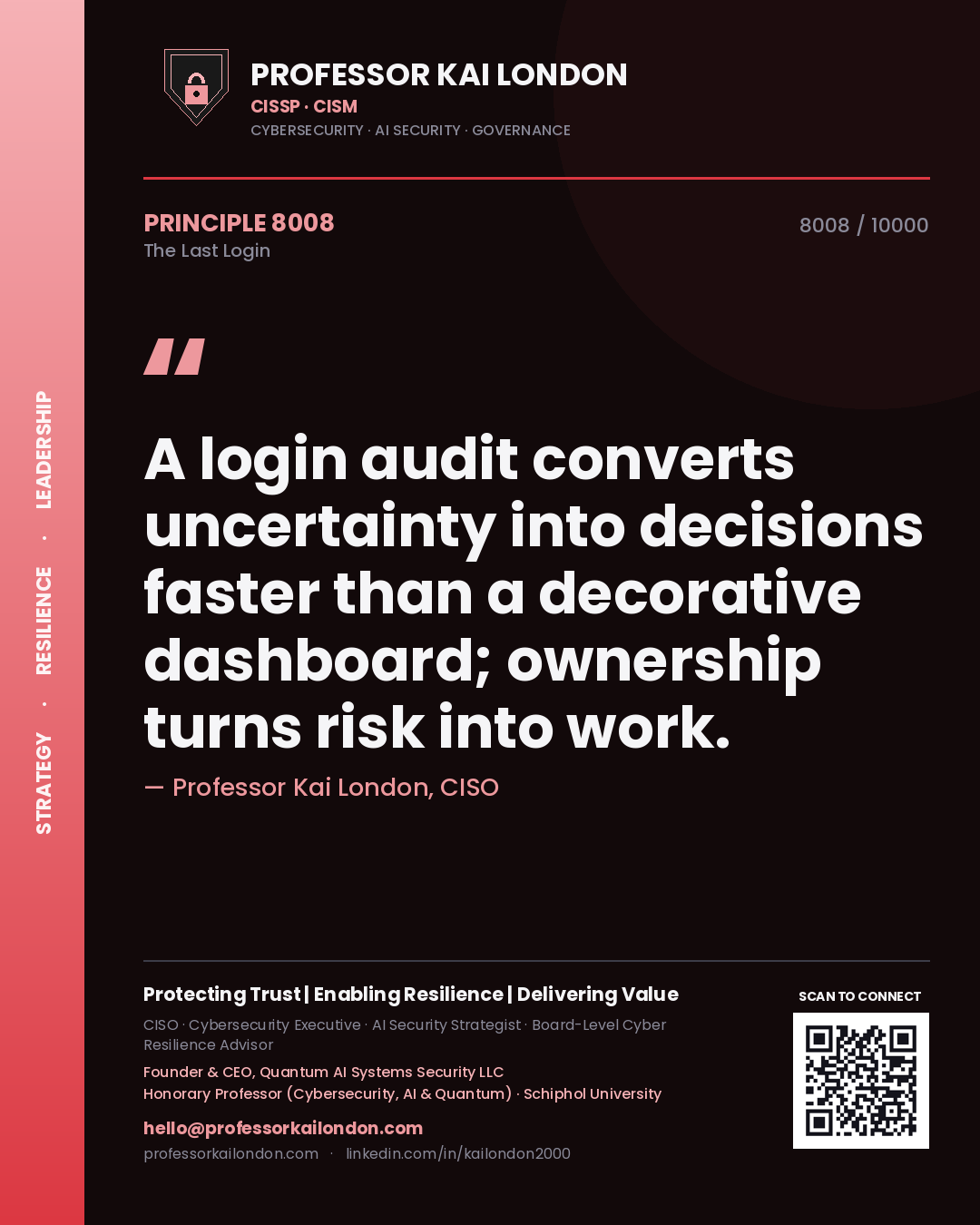 Quote card by Professor Kai London reading 'A login audit converts uncertainty into decisions faster than a decorative dashboard; ownership turns risk into work.'. From the book The Last Login.