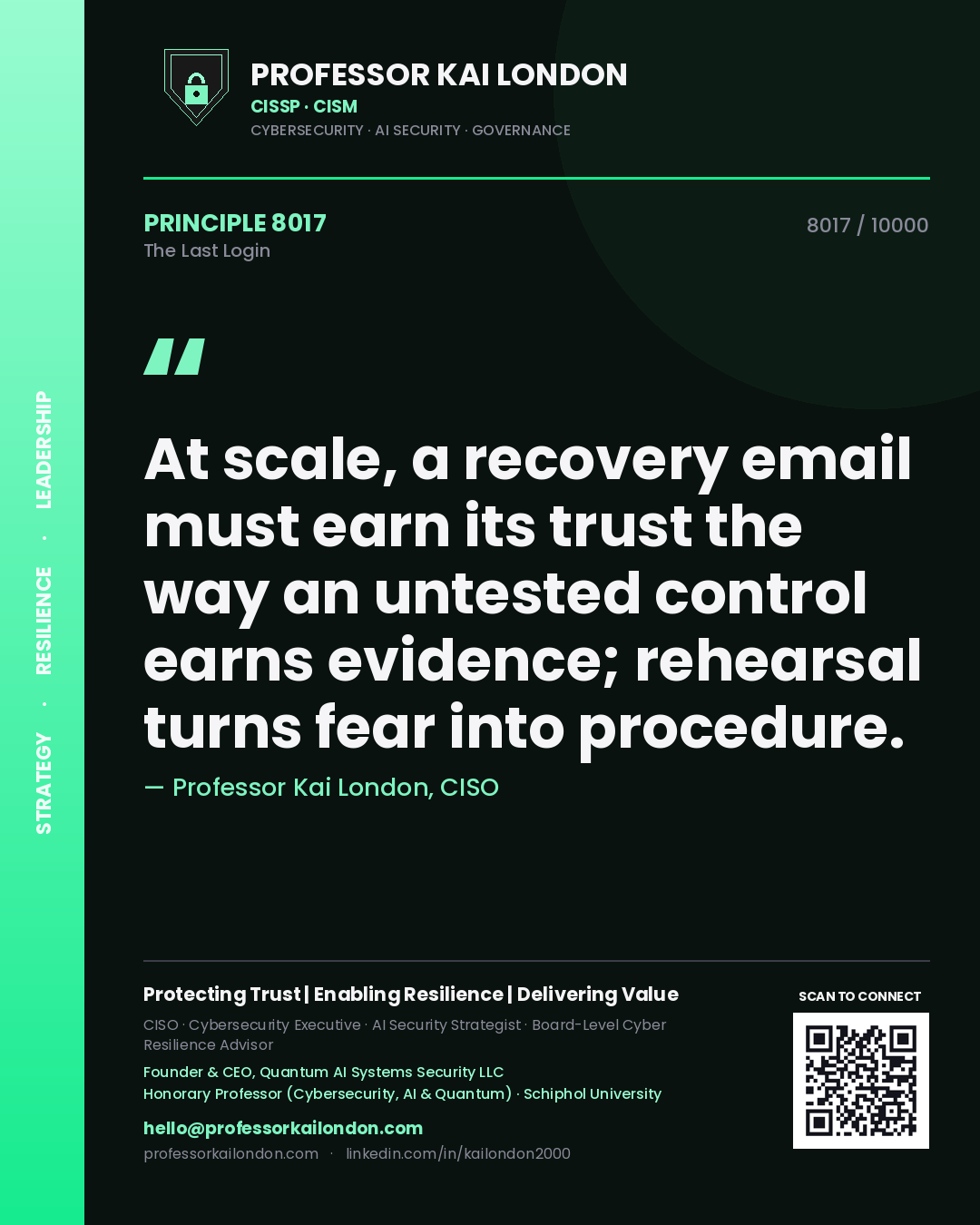 Quote card by Professor Kai London reading 'At scale, a recovery email must earn its trust the way an untested control earns evidence; rehearsal turns fear into procedure.'. From the book The Last Login.