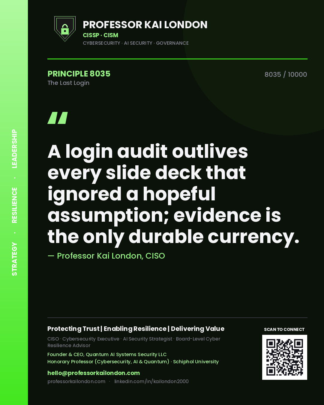 Quote card by Professor Kai London reading 'A login audit outlives every slide deck that ignored a hopeful assumption; evidence is the only durable currency.'. From the book The Last Login.