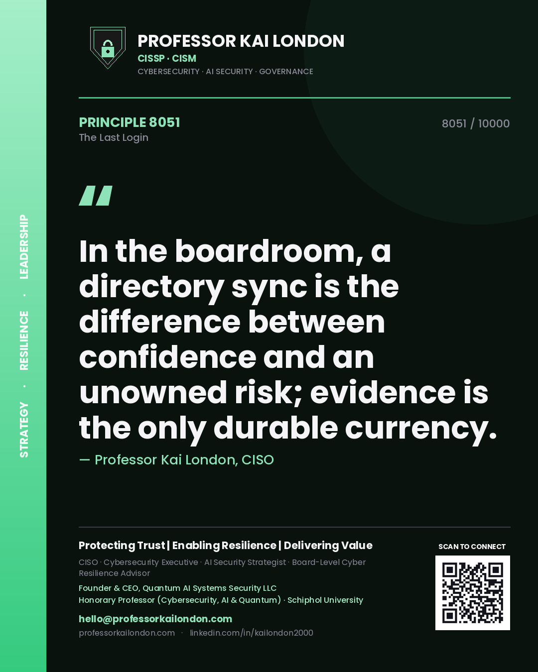 Professor Kai London principle 8051: In the boardroom, a directory sync is the difference between confidence and an unowned risk; evidence is the only durable currency.