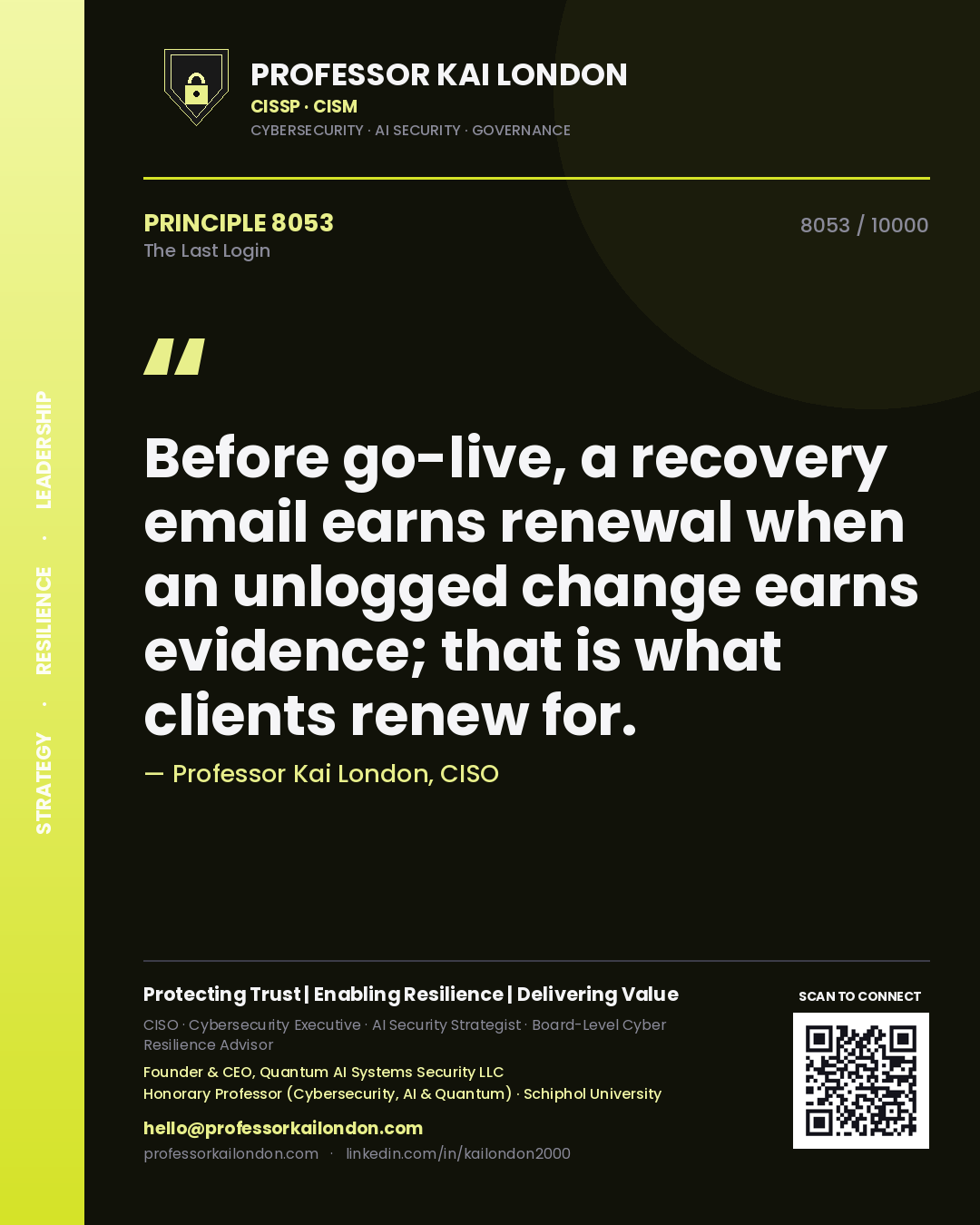 Professor Kai London principle 8053: Before go-live, a recovery email earns renewal when an unlogged change earns evidence; that is what clients renew for.
