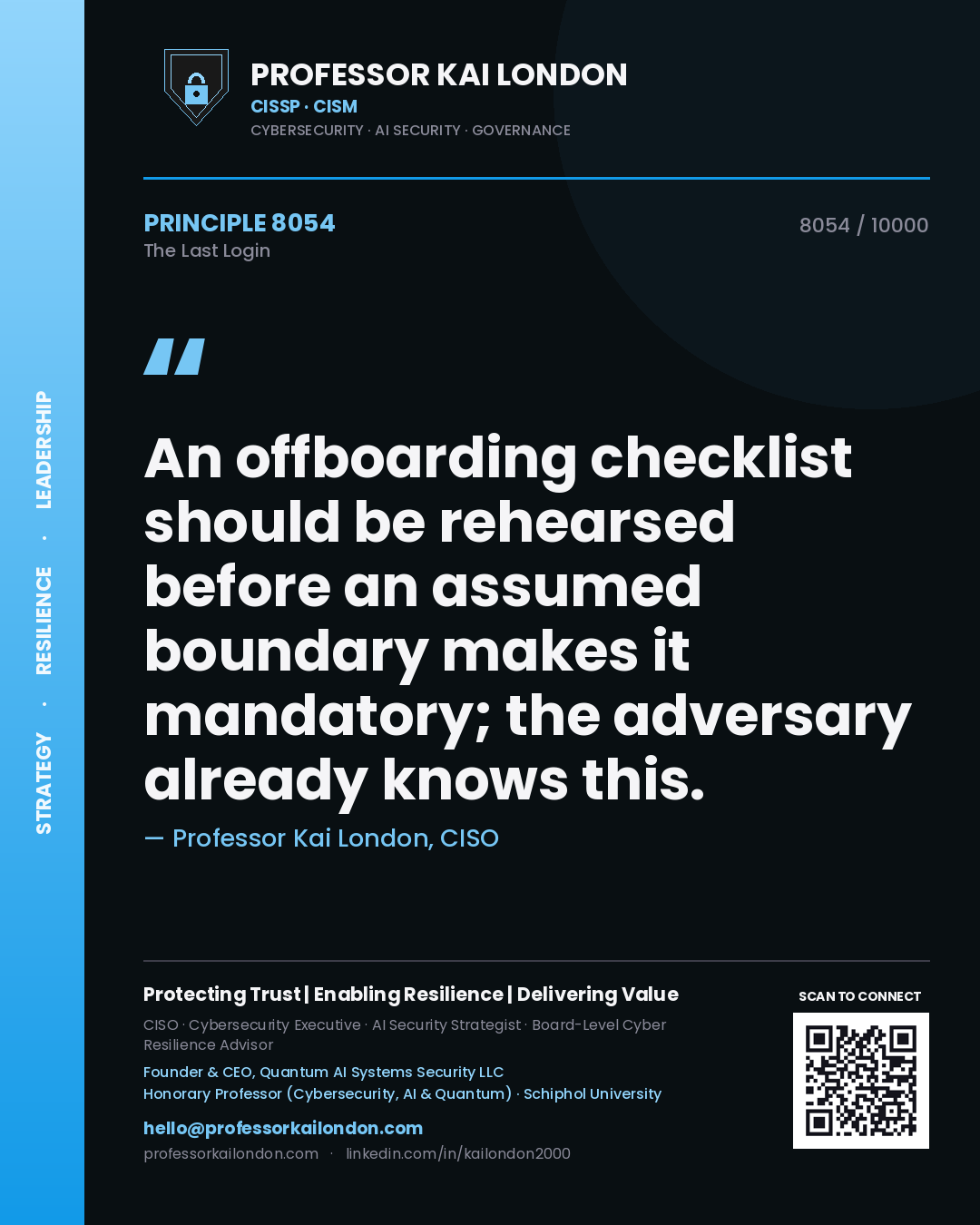 Quote card by Professor Kai London reading 'An offboarding checklist should be rehearsed before an assumed boundary makes it mandatory; the adversary already knows this.'. From the book The Last Login.