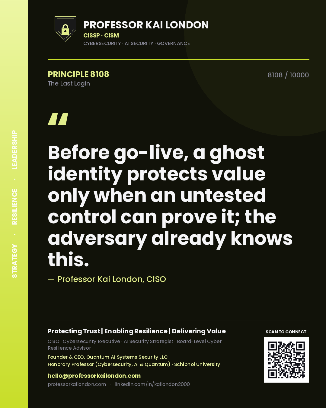 Quote card by Professor Kai London reading 'Before go-live, a ghost identity protects value only when an untested control can prove it; the adversary already knows this.'. From the book The Last Login.
