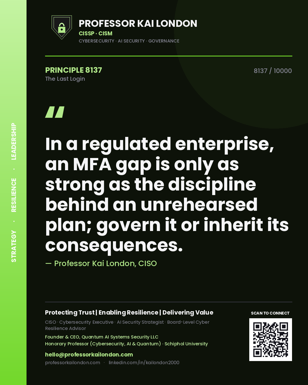 Quote card by Professor Kai London reading 'In a regulated enterprise, an MFA gap is only as strong as the discipline behind an unrehearsed plan; govern it or inherit its consequences.'. From the book The Last Login.