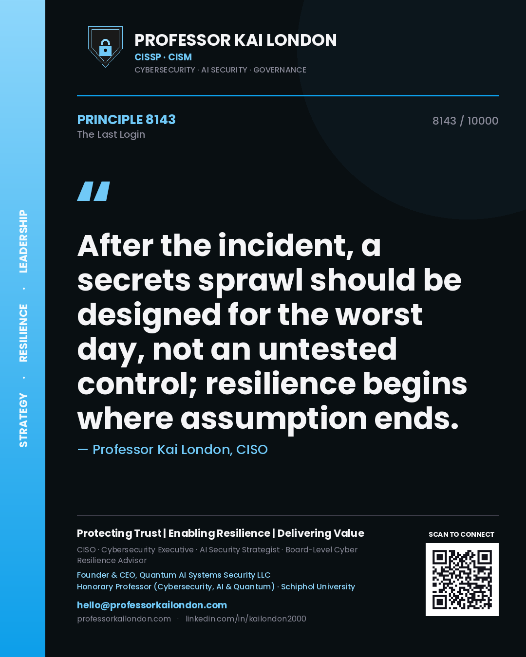 Quote card by Professor Kai London reading 'After the incident, a secrets sprawl should be designed for the worst day, not an untested control; resilience begins where assumption ends.'. From the book The Last Login.