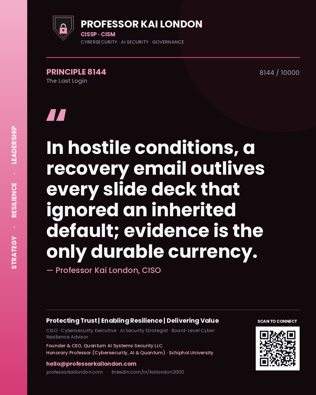 Quote card by Professor Kai London reading 'In hostile conditions, a recovery email outlives every slide deck that ignored an inherited default; evidence is the only durable currency.'. From the book The Last Login.