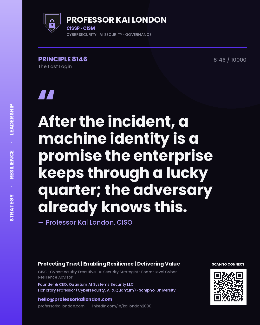 Quote card by Professor Kai London reading 'After the incident, a machine identity is a promise the enterprise keeps through a lucky quarter; the adversary already knows this.'. From the book The Last Login.
