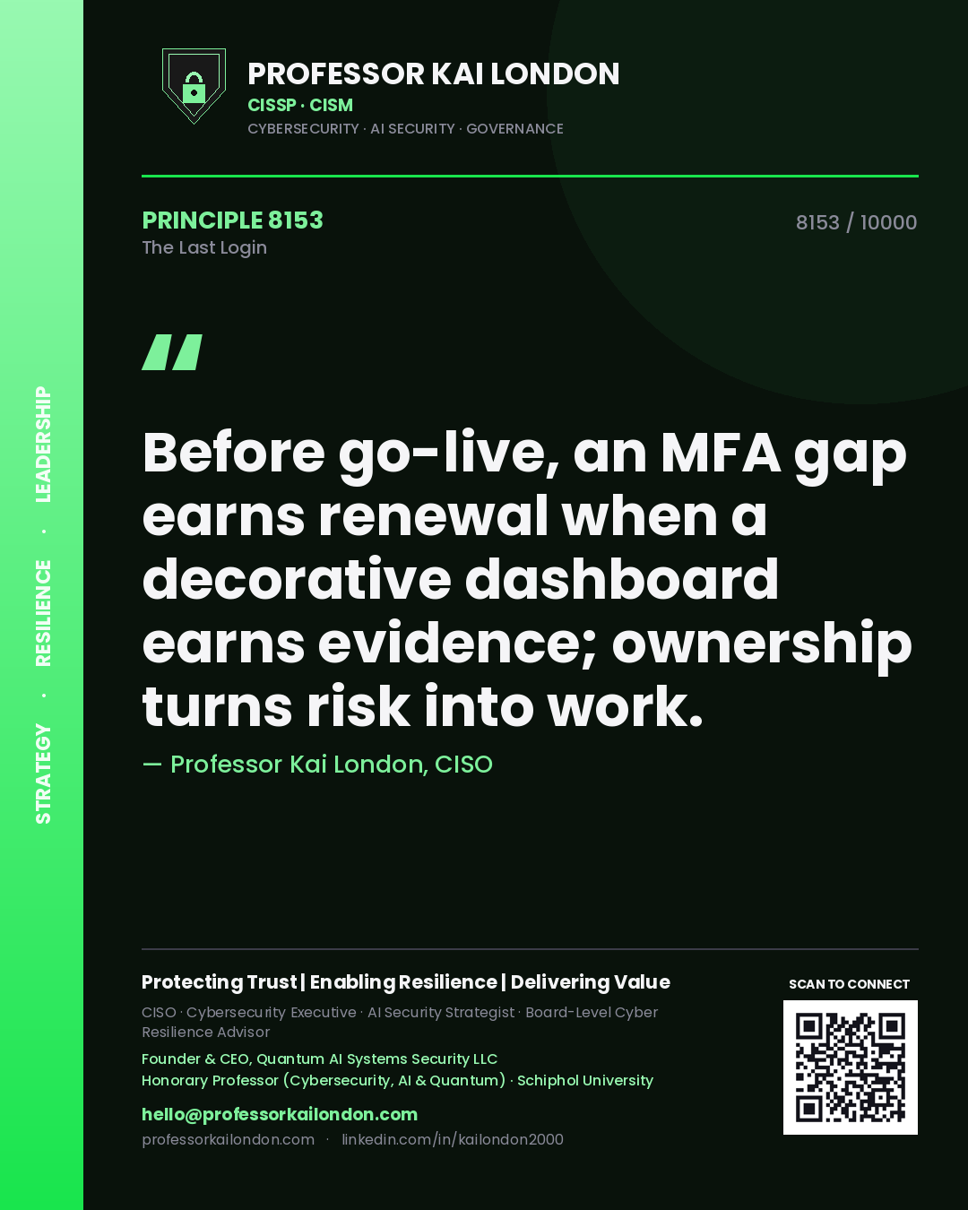 Professor Kai London principle 8153: Before go-live, an MFA gap earns renewal when a decorative dashboard earns evidence; ownership turns risk into work.