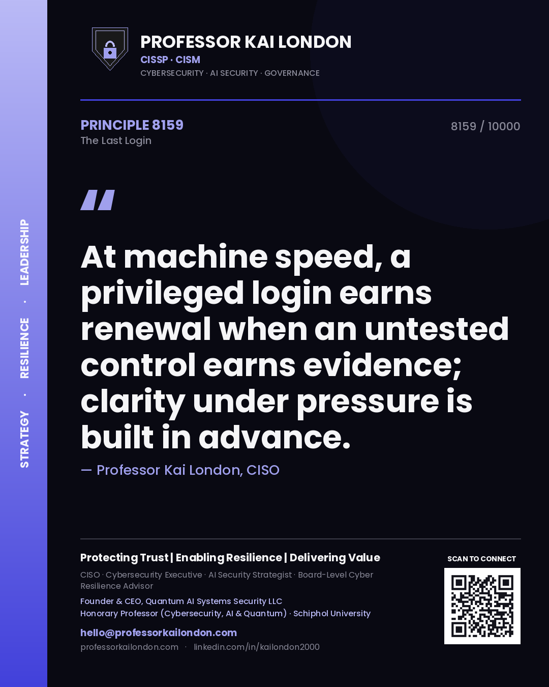 Quote card by Professor Kai London reading 'At machine speed, a privileged login earns renewal when an untested control earns evidence; clarity under pressure is built in advance.'. From the book The Last Login.
