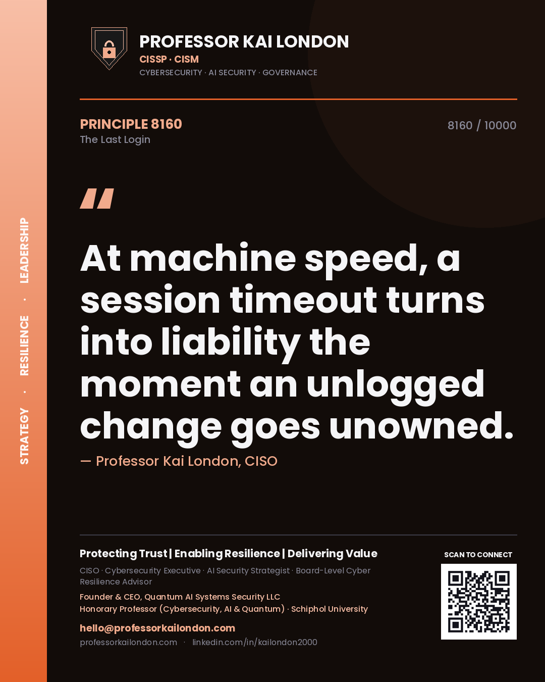 Quote card by Professor Kai London reading 'At machine speed, a session timeout turns into liability the moment an unlogged change goes unowned.'. From the book The Last Login.