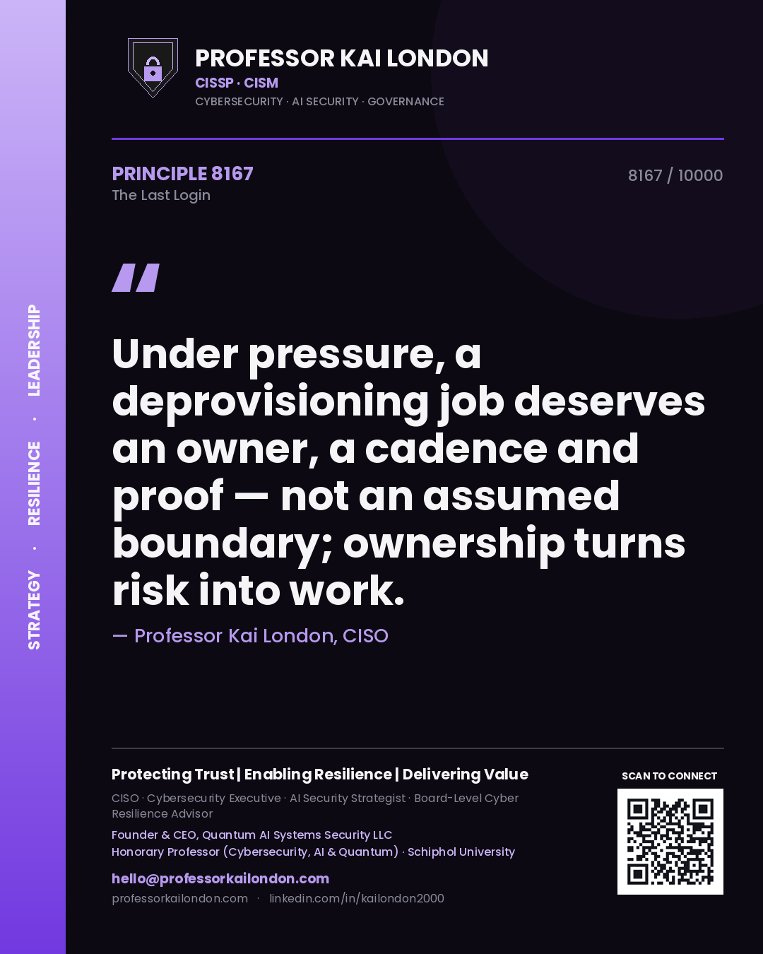 Quote card by Professor Kai London reading 'Under pressure, a deprovisioning job deserves an owner, a cadence and proof — not an assumed boundary; ownership turns risk into work.'. From the book The Last Login.