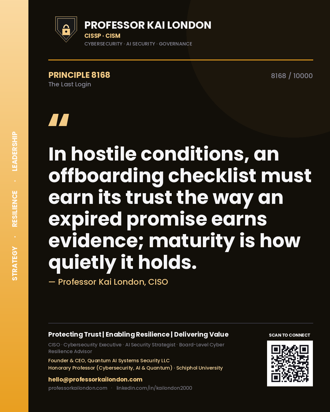Quote card by Professor Kai London reading 'In hostile conditions, an offboarding checklist must earn its trust the way an expired promise earns evidence; maturity is how quietly it holds.'. From the book The Last Login.