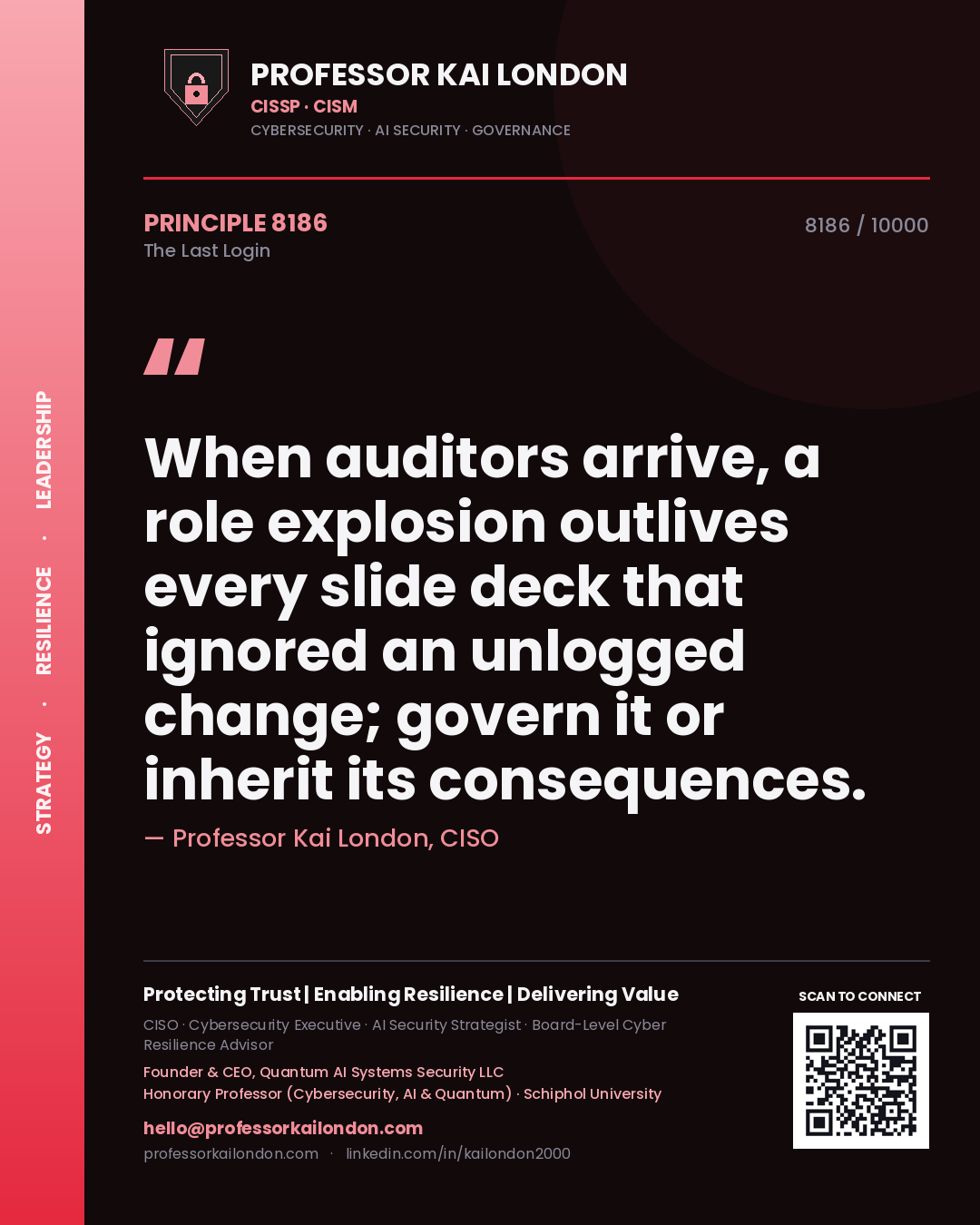 Quote card by Professor Kai London reading 'When auditors arrive, a role explosion outlives every slide deck that ignored an unlogged change; govern it or inherit its consequences.'. From the book The Last Login.