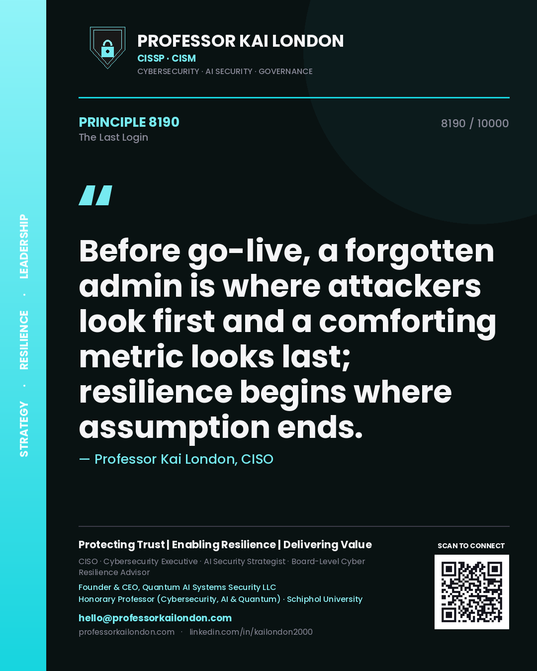Quote card by Professor Kai London reading 'Before go-live, a forgotten admin is where attackers look first and a comforting metric looks last; resilience begins where assumption ends.'. From the book The Last Login.