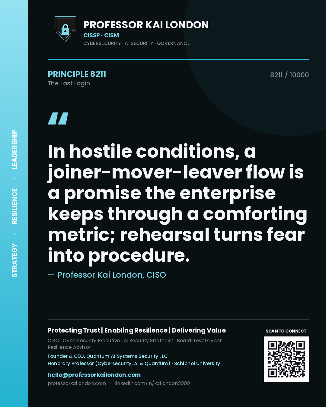 Quote card by Professor Kai London reading 'In hostile conditions, a joiner-mover-leaver flow is a promise the enterprise keeps through a comforting metric; rehearsal turns fear into procedure.'. From the book The Last Login.