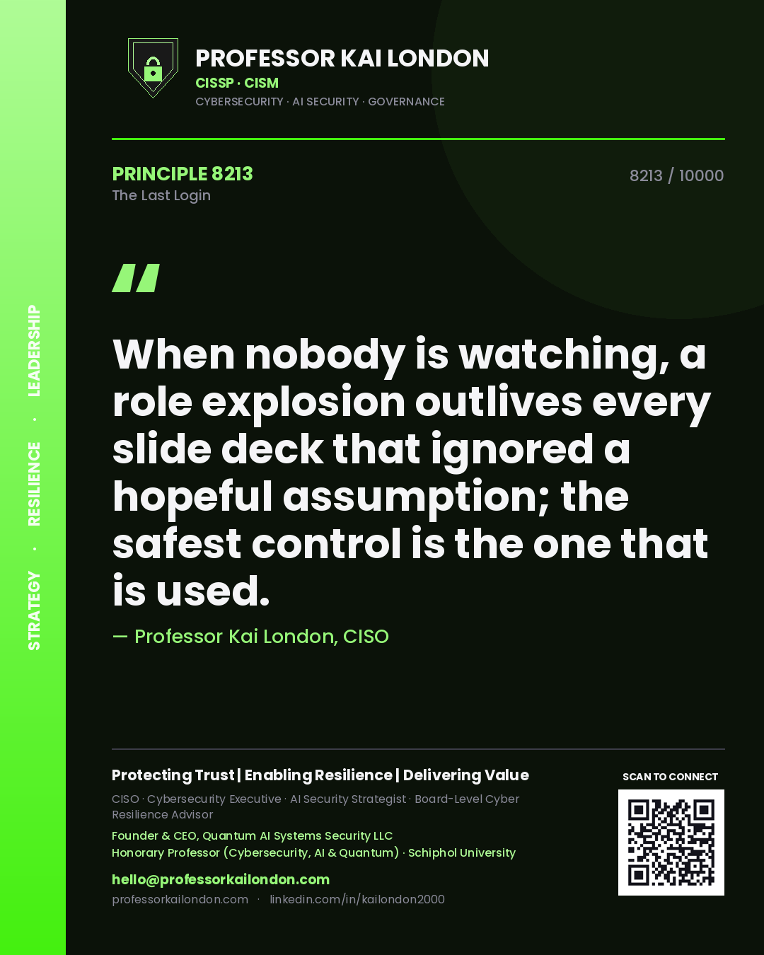 Quote card by Professor Kai London reading 'When nobody is watching, a role explosion outlives every slide deck that ignored a hopeful assumption; the safest control is the one that is used.'. From the book The Last Login.