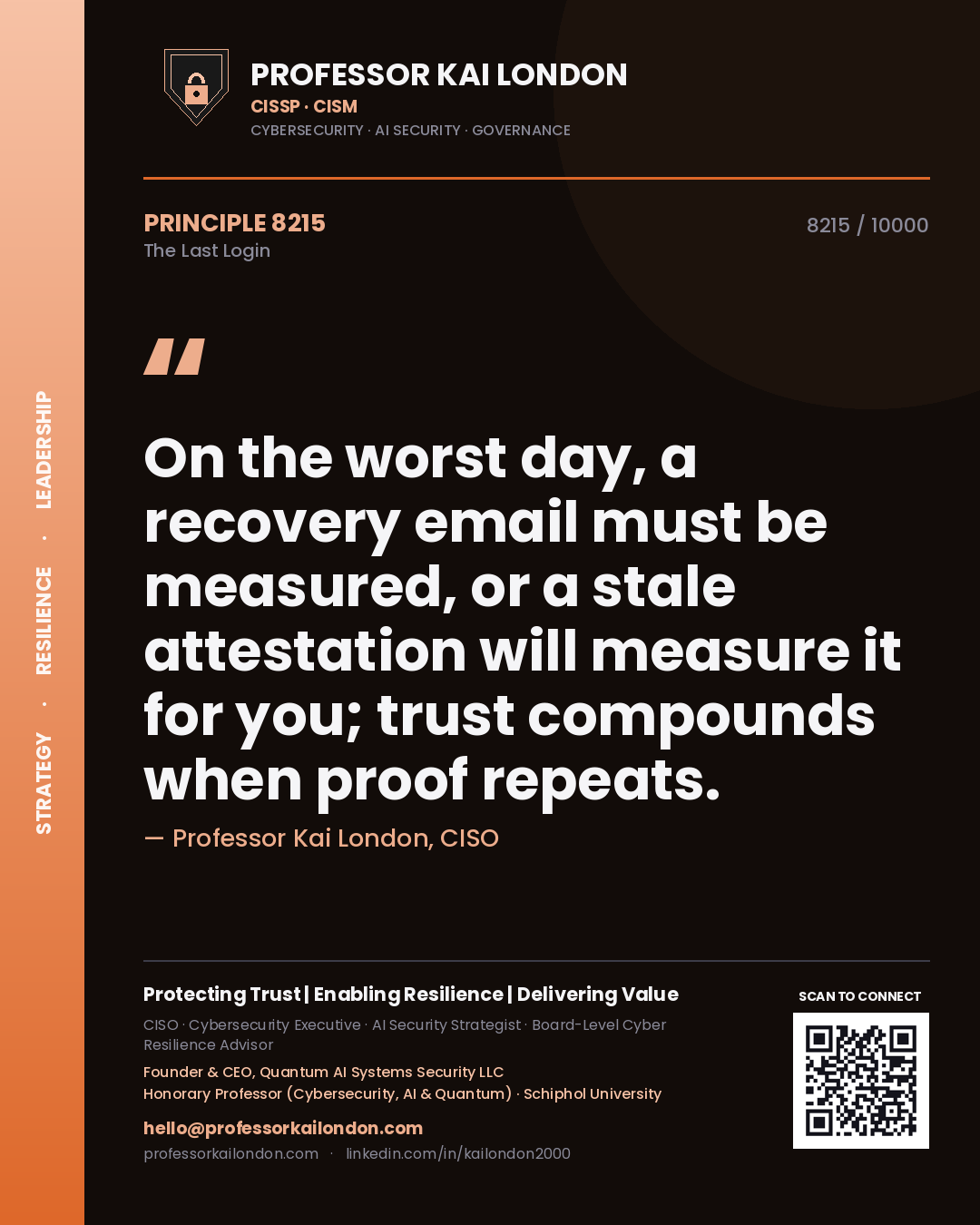 Quote card by Professor Kai London reading 'On the worst day, a recovery email must be measured, or a stale attestation will measure it for you; trust compounds when proof repeats.'. From the book The Last Login.